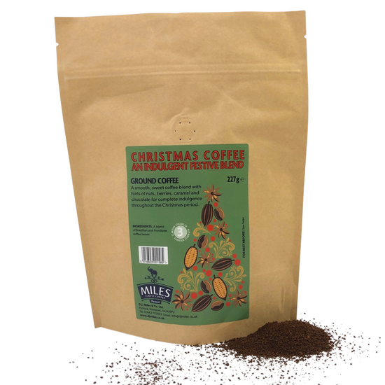 Kraft paper coffee bag with Miles ground Christmas coffee inside