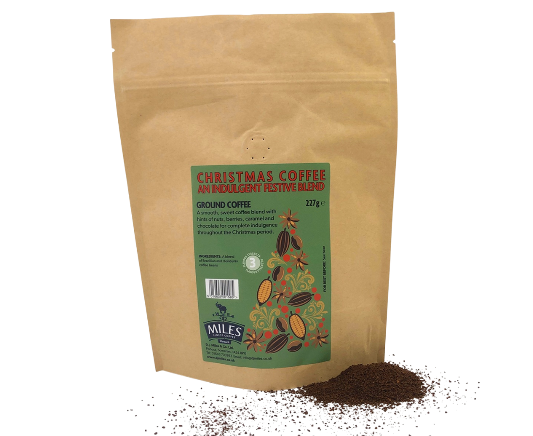 Kraft paper coffee bag with Miles ground Christmas coffee inside