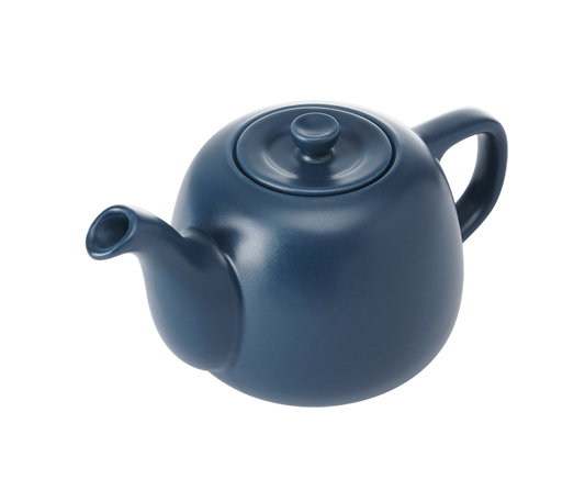 Blue ceramic teapot on a white background