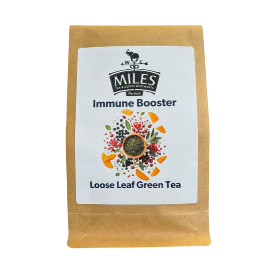 Miles Immune Booster Loose Leaf Green Tea package on a white background