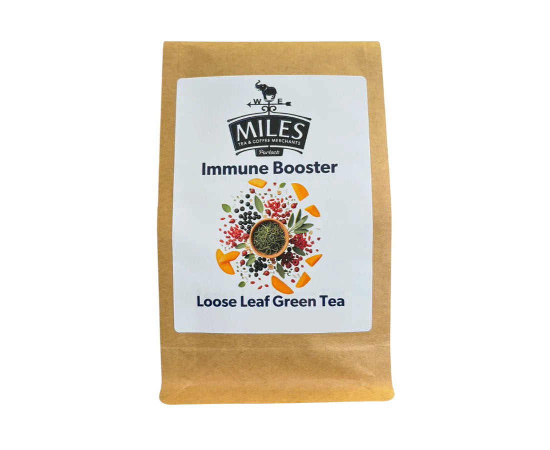 Miles Immune Booster Loose Leaf Green Tea package on a white background