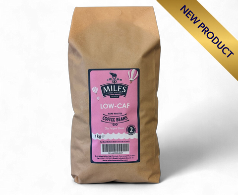 A 1kg bag of Miles Low-Caf Hand Roasted Coffee Beans in a brown kraft paper bag with a pink label, shown on a white background with a gold diagonal 'NEW PRODUCT' banner in the top right corner.