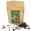 Kraft paper bag of Christmas coffee with coffee beans on a white background