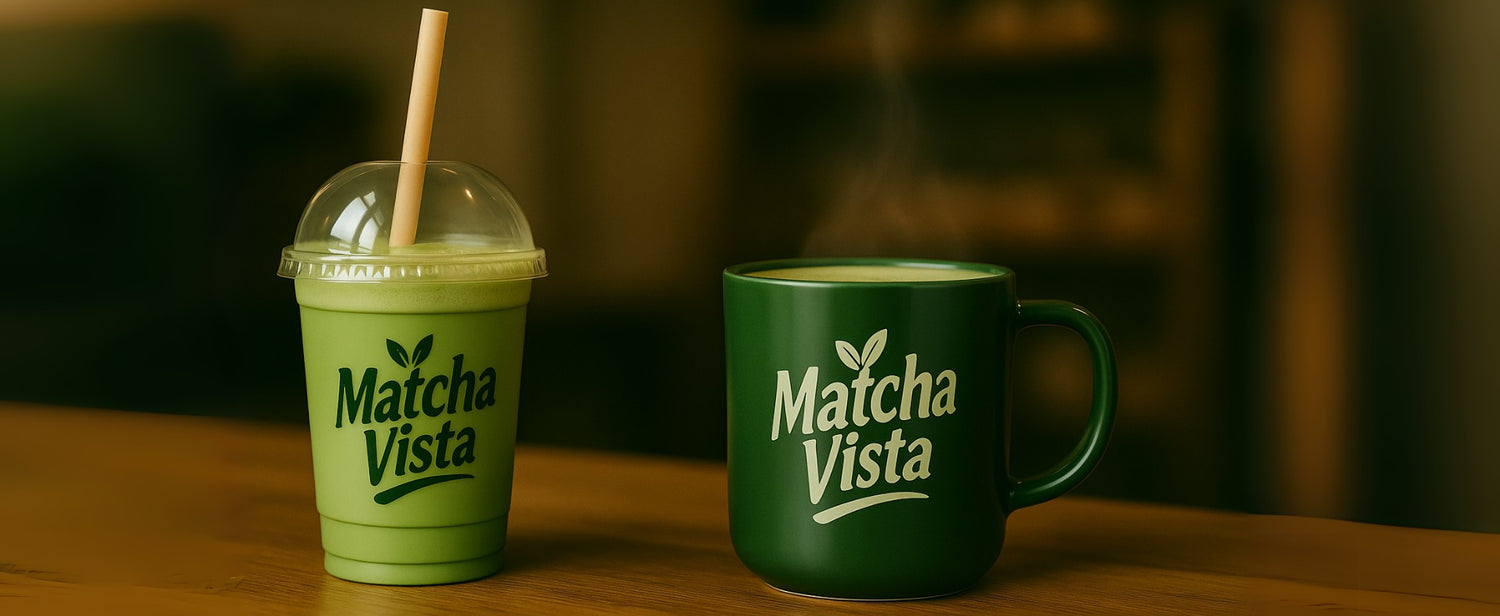 Matcha Vista green drink cup and mug on a wooden surface with a blurred background