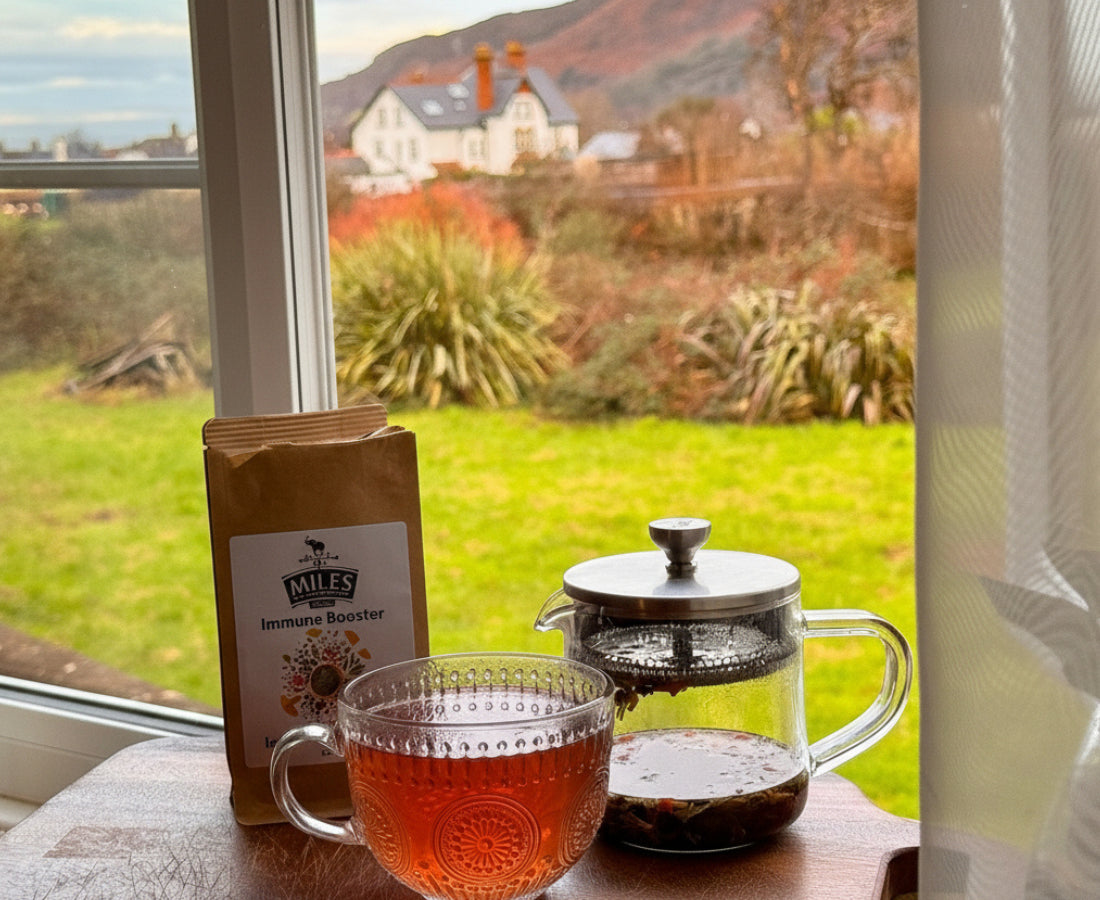 Tea set with a glass mug and teapot on a windowsill with a scenic view outside.