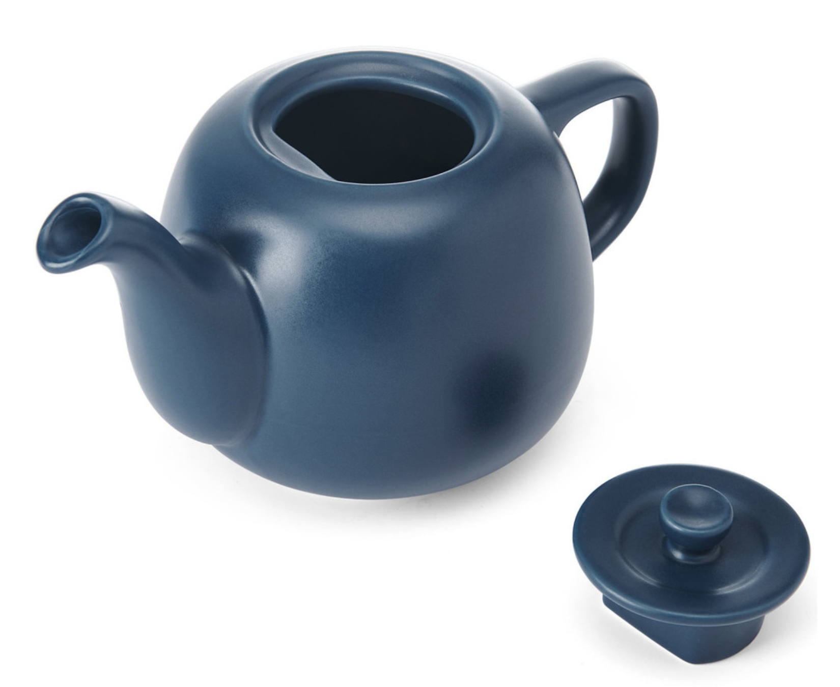 Blue ceramic teapot with a matching lid on a white background