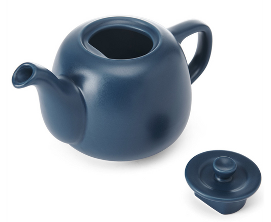 Blue ceramic teapot with a matching lid on a white background