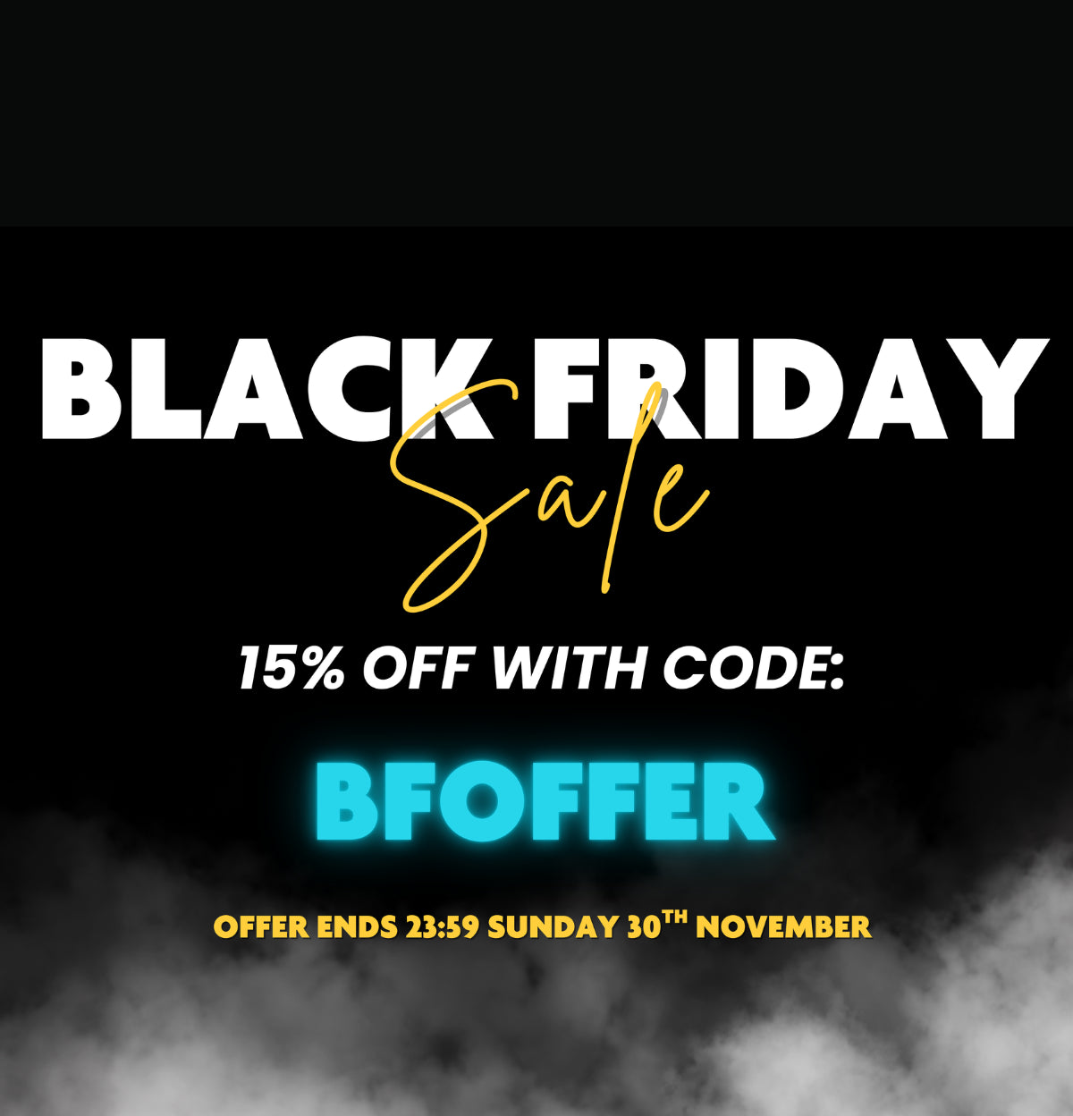 Black Friday sale advertisement with text and code on a black background