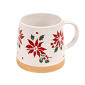A white ceramic mug with a red and green holly and poinsettia pattern, featuring a speckled finish and a natural tan clay base.