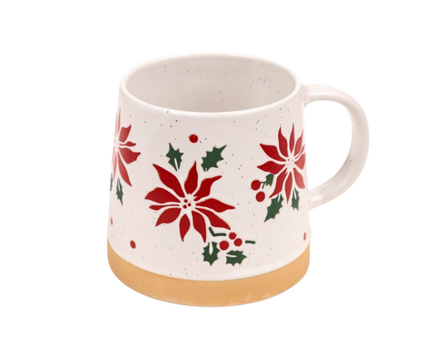 A white ceramic mug with a red and green holly and poinsettia pattern, featuring a speckled finish and a natural tan clay base.