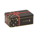 A black tin decorated with gold Christmas tree and snowflake motifs, a red vertical stripe, and the words 'Seasons Greetings' in gold script.