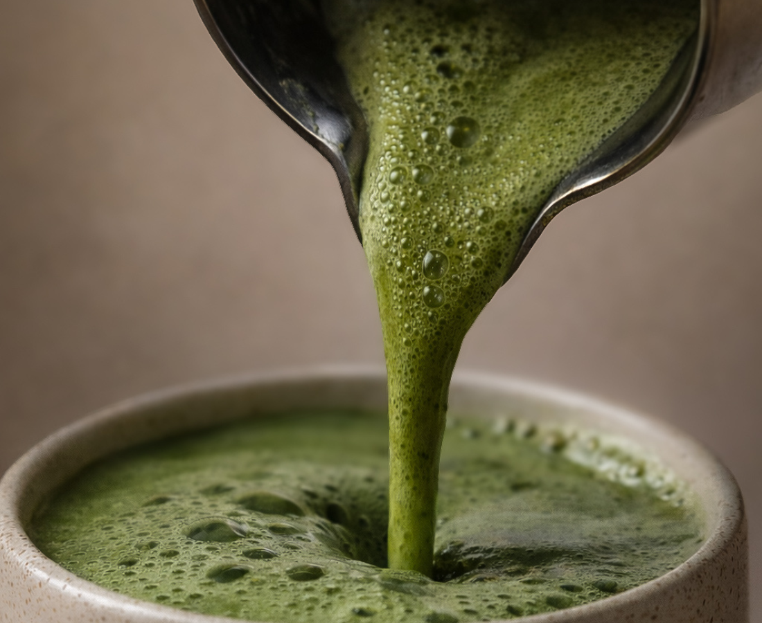 matcha being poured into a ceramic cup with a spoon.